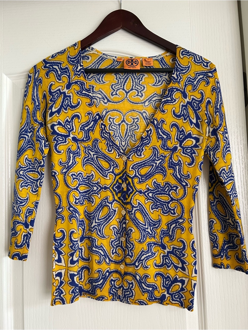 Tory Burch Yellow and Blue Printed V‑Neck Button Cardigan